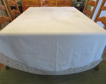 Vintage Solid Beige Oval Tablecloth w 3.5" Lace Border Edge 63" W x98 Has Food Stains Good For Lace Underlay Poly Cotton But Linen Look GVC