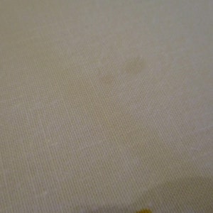 Pu&ograve; includere: Primo piano di un tessuto beige chiaro con una sottile trama a coste. Il tessuto presenta alcune piccole macchie pi&ugrave; scure. L'aspetto generale &egrave; liscio e uniforme, con una leggera lucentezza.