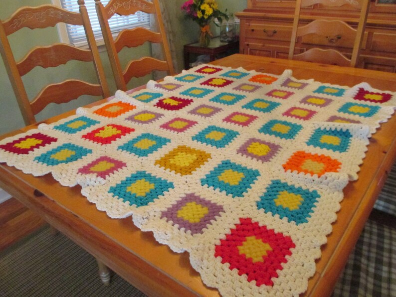 Vintage Colorful Multi Granny Square Afghan Throw Blanket on White Background 40 x 48 SALE