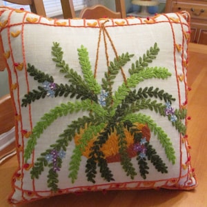 Vintage Completed Crewel Hand Embroidery Pillow from Kit EVC 13 1/2-14 70s BOHO Hanging Basket w Fern Orange Red Border Has Wear to Corners image 1