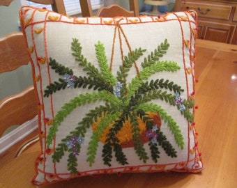 Vintage Completed Crewel Hand Embroidery Pillow from Kit EVC 13 1/2-14" 70s BOHO Hanging Basket w Fern Orange Red Border Has Wear to Corners