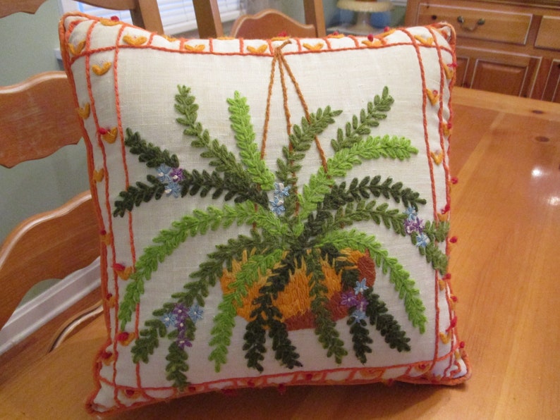 Vintage Completed Crewel Hand Embroidery Pillow from Kit EVC 13 1/2-14 70s BOHO Hanging Basket w Fern Orange Red Border Has Wear to Corners image 1