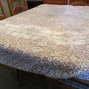 Vintage Quaker Lace Oval Tablecloth Ivory 64 x 78 Has a Few Lt Stains and Tight Curly Edge floral and lattice Grid Pattern Net Lace