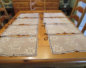 Set of 8 Handmade Vintage Crocheted Placemats with Navy Ribbon Edge  12 x 18 Look Never Used IZ Monogram? Darling!