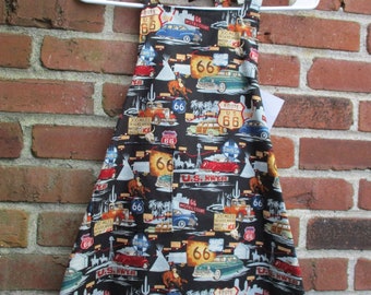 Unisex Child Size BBQ Bib Style Apron Route 66 Landmarks Historic Highway Fabric by Alexander Henry Pocket, Ties, Lined in Black