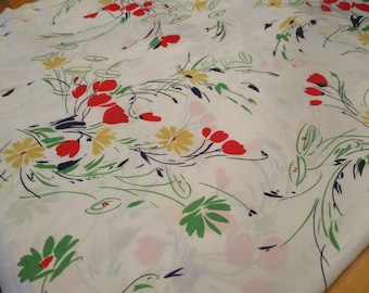 Nine Yard Piece of Fabric Large Floral Bouquets in Primary Colors on White Vera Style Mod Flowers Red Yellow Navy Green Silky Feel Rayon?