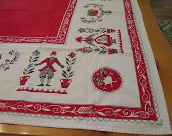Vintage Print Tablecloth  Mid Century Folk Couple House Rooster Weathervane Scroll Border Red Gray 40Wx57L Has Some Wear See Pics GVC