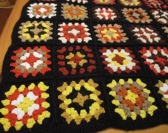 Vintage Colorful Multi Granny Square Afghan Throw Blanket Fall Colors on Black Background  Scalloped 42"W x 56" L in EVC  2 Breaks