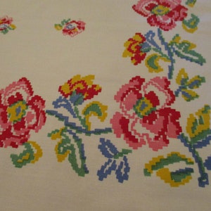 Pu&ograve; includere: Tovaglia bianco sporco con un motivo floreale a punto croce. I fiori sono nelle tonalit&agrave; del rosa, rosso, giallo e blu, con foglie verdi. Il disegno &egrave; sul bordo e negli angoli della tovaglia.