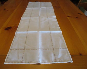 Antique or Vintage Linen Table Runner Dresser Scarf Drawn Threads Ivory 14"W x 41" L Minor Issues  Ink Mark & Some Light Stains Still in EVC