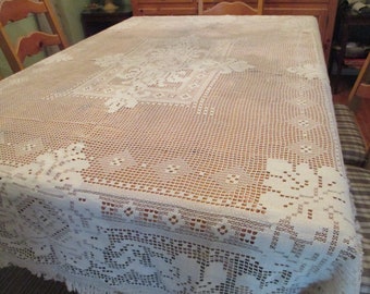 Antique or Vintage Machine Made Lace  Tablecloth with 2" Fringe Rectangle and Cross Needs Repair 66" x 80" Plus Table Runner