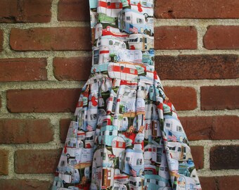 Darling  Small Girl Child Jumper Style Apron in  Packed Trailers Campers Fabric by Elizabeth's Studio Lined Pocket Ties