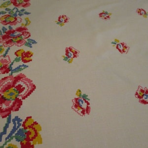Pu&ograve; includere: Tessuto color crema con un motivo floreale ripetuto. I fiori sono resi in uno stile pixelato, con sfumature di rosso, rosa, giallo, blu e verde. Un bordo di fiori corre lungo il lato sinistro.
