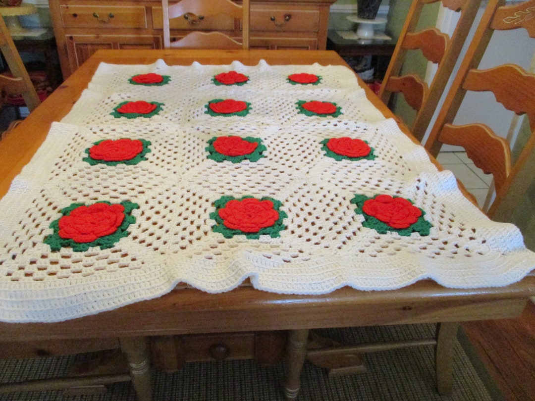 Vintage Afghan Throw Blanket White 3D Raised Rose Petal Flowers in Red