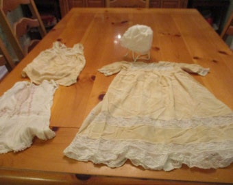 5 Pc Lot Vintage Baby Girl Child Doll Clothes Gown Dress Cami Bonnet All As Is and Embroidered Easter Bib Never Finished