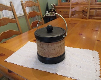 Vintage Kraftware Cork and Black Faux Leather Ice Bucket 8" Diam, 8" tall 10" w Lid Wear to Handle and Bottom