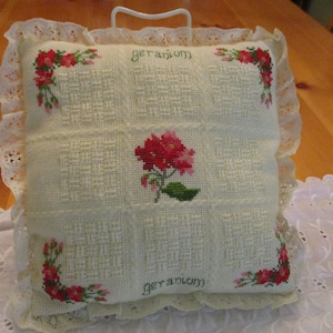 Vintage Completed Cross Stitch Embroidery Geranium Pillow  9&quot; Sq plus 1/2&quot; Lace Edge Ivory Red Pink Words Geranium EVC No Issues