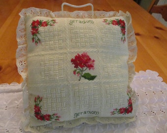 Vintage Completed Cross Stitch Embroidery Geranium Pillow  9" Sq plus 1/2" Lace Edge Ivory Red Pink Words Geranium EVC No Issues