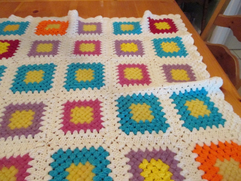 Vintage Colorful Multi Granny Square Afghan Throw Blanket on White Background 40 x 48 SALE