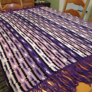 Vintage Handmade Striped Southwestern Afghan Blanket 46" W x 50" L + 5-6" Fringe Ends Purple Black White EVC Gorgeous Southwestern Navajo