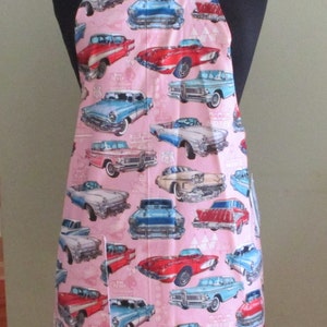 Last One-Women&#39;s Pink BBQ or Bib Full Reversible Apron with Classic Cars and Route 66 Landmarks and Signs White Reverse Pockets Adjustable