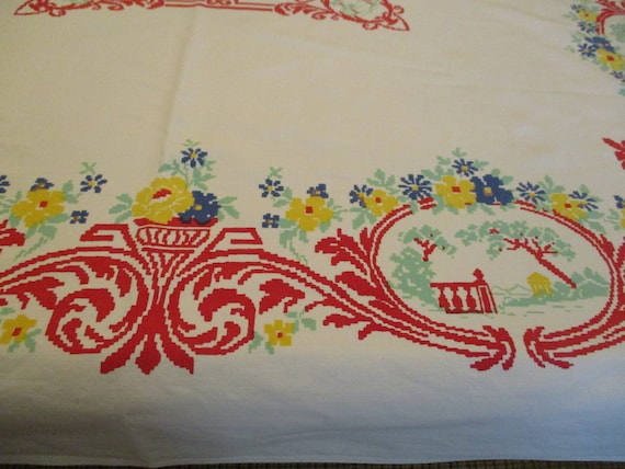 Vintage MCM Cotton Print Tablecloth Squiggly Outline Flowers in Vase Asian Garden Scene Trees VGC 44 1/2" x 52"   Gray Stains 1 Sm Hole