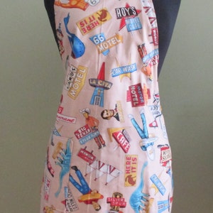 Unisex BBQ or Bib Full Adult Sized Reversible Apron with Route 66 Signs and Landmarks on a Tan/ Beige Background, Man or Woman