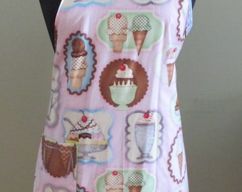 Adult Ice Cream Reversible Apron in Lime Green Brown and Pink, What's the Scoop Fabric