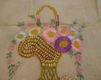 Vintage  Handmade Linen Table Runner Dresser Scarf Hand Embroidered Hemstitch Flower Baskets on Both Ends Detailed Embroidery EVC 17x 57