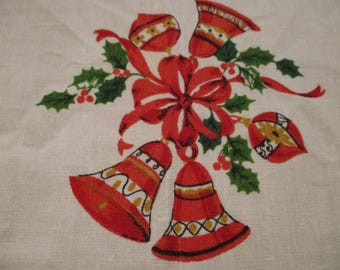 Vintage Mid Century Modern Christmas Linen Tablecloth Bells Poinsettias Ornaments Vibrant Lg 58W x 99L Some Lt Stains Still in EVC