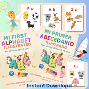 Puede incluir: Tarjetas didácticas y libro del alfabeto para niños de 3 a 5 años. Las ilustraciones incluyen animales, objetos y las letras del alfabeto. El texto dice "Mi First Alphabet Illustrated" y "Instant Download".