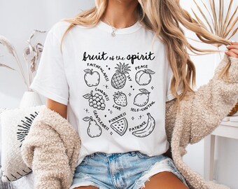 Fruit of the Spirit Doodles Shirt, Church Shirt Women, Whimsical Boho Fruit Faith Aesthetic Top, Comfort Colors 1717