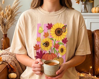 Comfort Colors Sunflower and Pumpkin Fall Shirt, Distressed Autumn Harvest Tee, Cute Coquette Thanksgiving Top, Cozy Botanical T-Shirt