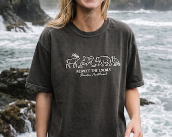 Pacific Northwest Tee, PNW Respect Locals Wildlife Line Art, Nature Lover Shirt for National Park Trip, Comfort Colors 1717 Granola Girl