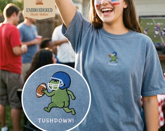 Football Frog Butt Embroidered Tee, Quirky Animal 'Tushdown!' Meme Shirt, Blue Helmet Team Football Gift TShirt, Comfort Colors 1717