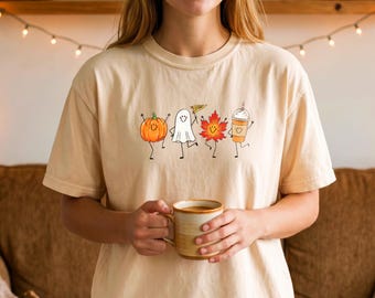 Cute Comfort Colors Spooky Season Squad Shirt, Retro Fall Characters Tee, Happy Dancing Halloween Friends, Cozy Autumn T-Shirt