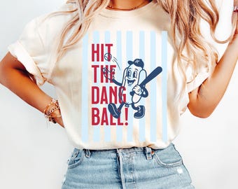 Hit The Dang Ball Funny Baseball Shirt, Retro Hotdog Mascot Tee, Vintage Style Game Day Top, Comfort Colors 1717