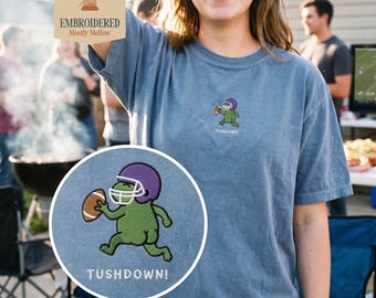 Silly Game Day Frog Shirt, Purple Helmet Tushdown Frog Embroidered Shirt, Cute Frog Butt Football Tee, Comfort Colors 1717