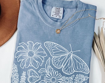 Floral Butterfly Line Drawing Tee, Fairycore Plant Lady Gift, Minimalist Boho Women Shirt, Comfort Colors 1717