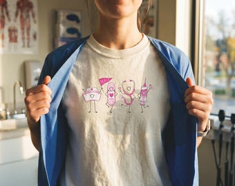Comfort Colors Cute Pink Nurse Doodles Shirt, Happy Hand Drawn Medical Tee, Trending Registered Nurse Top, Nursing Student Gift