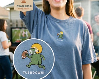 Silly Frog Tushdown Embroidered Shirt, Yellow Helmet Football Fan Tee, Quirky Animal Meme TShirt, Comfort Colors 1717