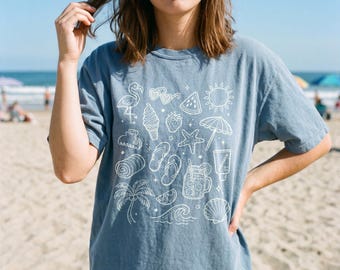 Coastal Beachy Surf Shirt with Hand Drawn Doodles, Summer Ocean Wave Tee, Salty Girl Women Summer Gift, Comfort Colors 1717