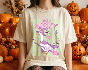 Cute Comfort Colors Witchy Goose Shirt, Preppy Pastel Halloween Tee, Retro Distressed Spooky Top, Funny Fall Animal T-Shirt