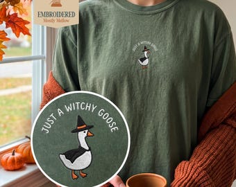 Cute Witchy Goose Embroidered Shirt, Silly Animal Meme Halloween Tee, Spooky Season Top, Comfort Colors 1717