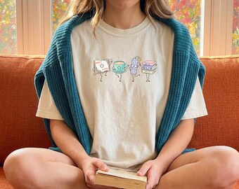 Cute Books and Coffee Doodles Shirt, Happy TBR Pile Tee, Retro Booktok T-Shirt, Cozy Reader Top, Comfort Colors 1717