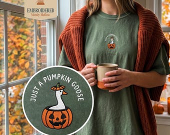 Quirky Pumpkin Goose Embroidered Shirt, Silly Fall Animal Meme Tee, Cute Jack O Lantern Top, Cozy Autumn Comfort Colors