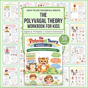 以下が含まれることがあります： 「The Polyvagal Theory Workbook for Kids」というタイトルの、子供向けのカラフルなワークブック。表紙にはフクロウ、トラ、カメのイラストが描かれています。このワークブックは、子供たちが大きな感情を理解し、体を落ち着かせるのに役立つように設計されています。50ページが含まれています。