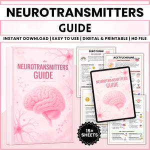May include: A digital Neurotransmitters Guide featuring a pink brain illustration on the cover. The set includes multiple printable sheets displayed on a tablet screen and as a stack, detailing information about serotonin and acetylcholine.