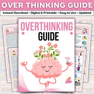 May include: A pink and white "Overthinking Guide" digital download. The cover features a cartoon brain with flowers, arms in a yoga pose, and the text "Overthinking Guide". Additional pages with text are visible.