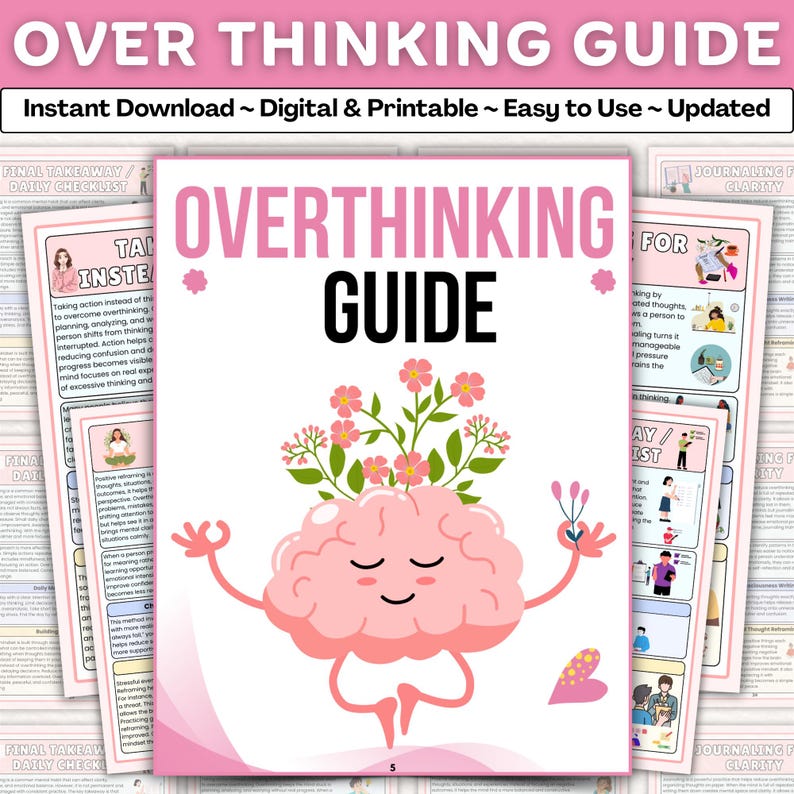 K&ouml;nnte beinhalten: Ein digitaler "Overthinking Guide" in Rosa und Wei&szlig;. Das Cover zeigt ein Cartoon-Gehirn mit Blumen, Armen in Yoga-Pose und dem Titel "Overthinking Guide". Zus&auml;tzliche Seiten mit Text sind sichtbar.